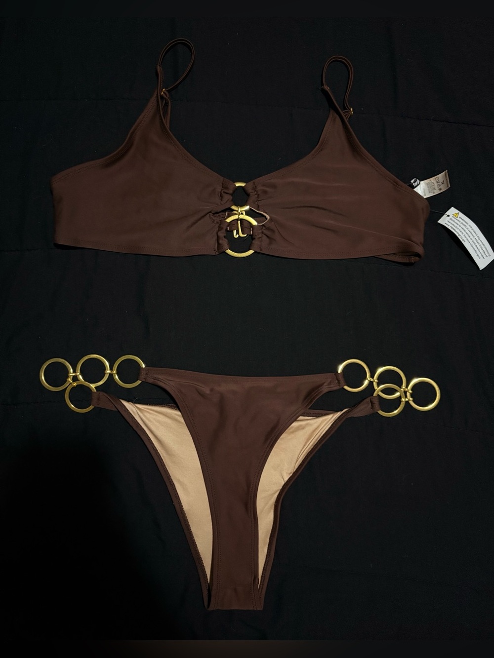 Brown Bikini Set - Top W/ Adjustable Straps & Gold Hoop Accents On Top & Bottom